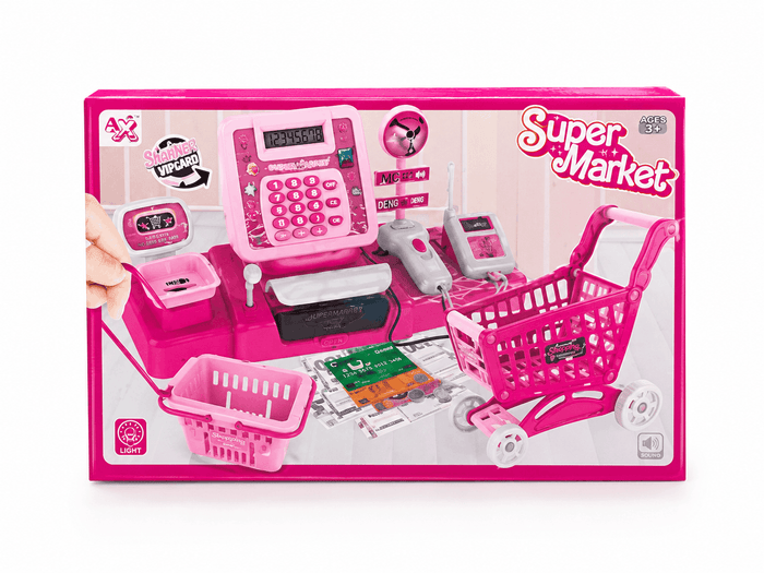 Super Market Cash Register Play Set – Kids Electronic Checkout Counter with Shopping Cart, Basket, Scanner, and Play Money (3+ Years)