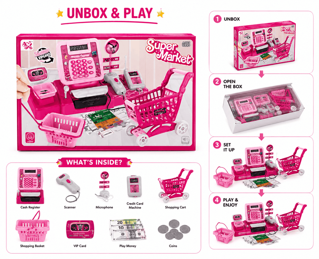 Super Market Cash Register Play Set – Kids Electronic Checkout Counter with Shopping Cart, Basket, Scanner, and Play Money (3+ Years)