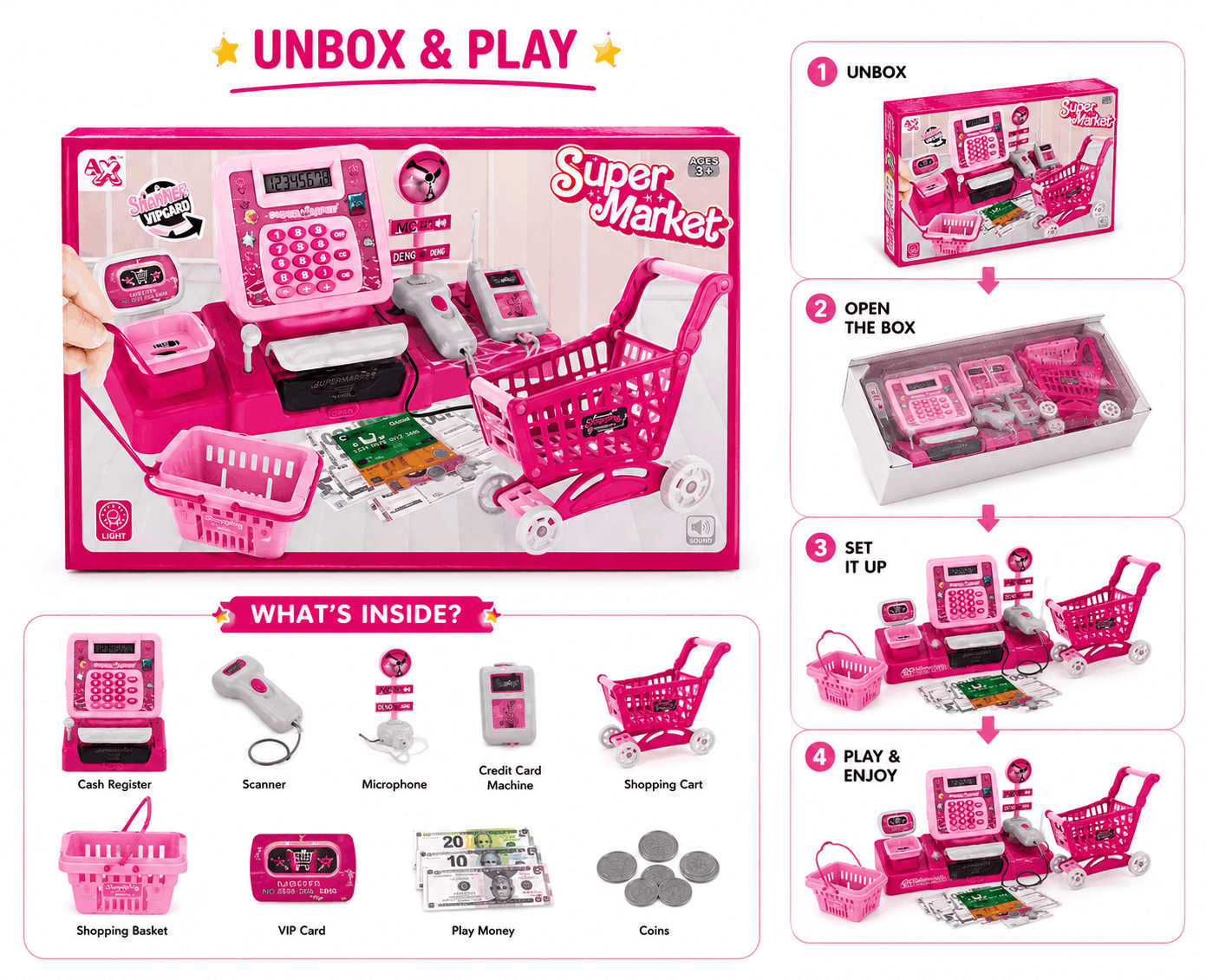 Super Market Cash Register Play Set – Kids Electronic Checkout Counter with Shopping Cart, Basket, Scanner, and Play Money (3+ Years)