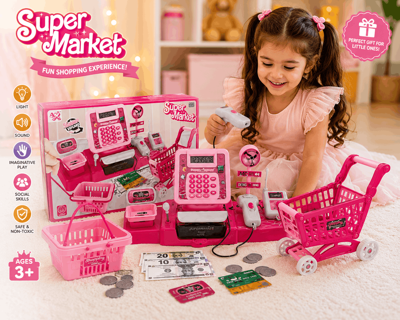 Super Market Cash Register Play Set – Kids Electronic Checkout Counter with Shopping Cart, Basket, Scanner, and Play Money (3+ Years)