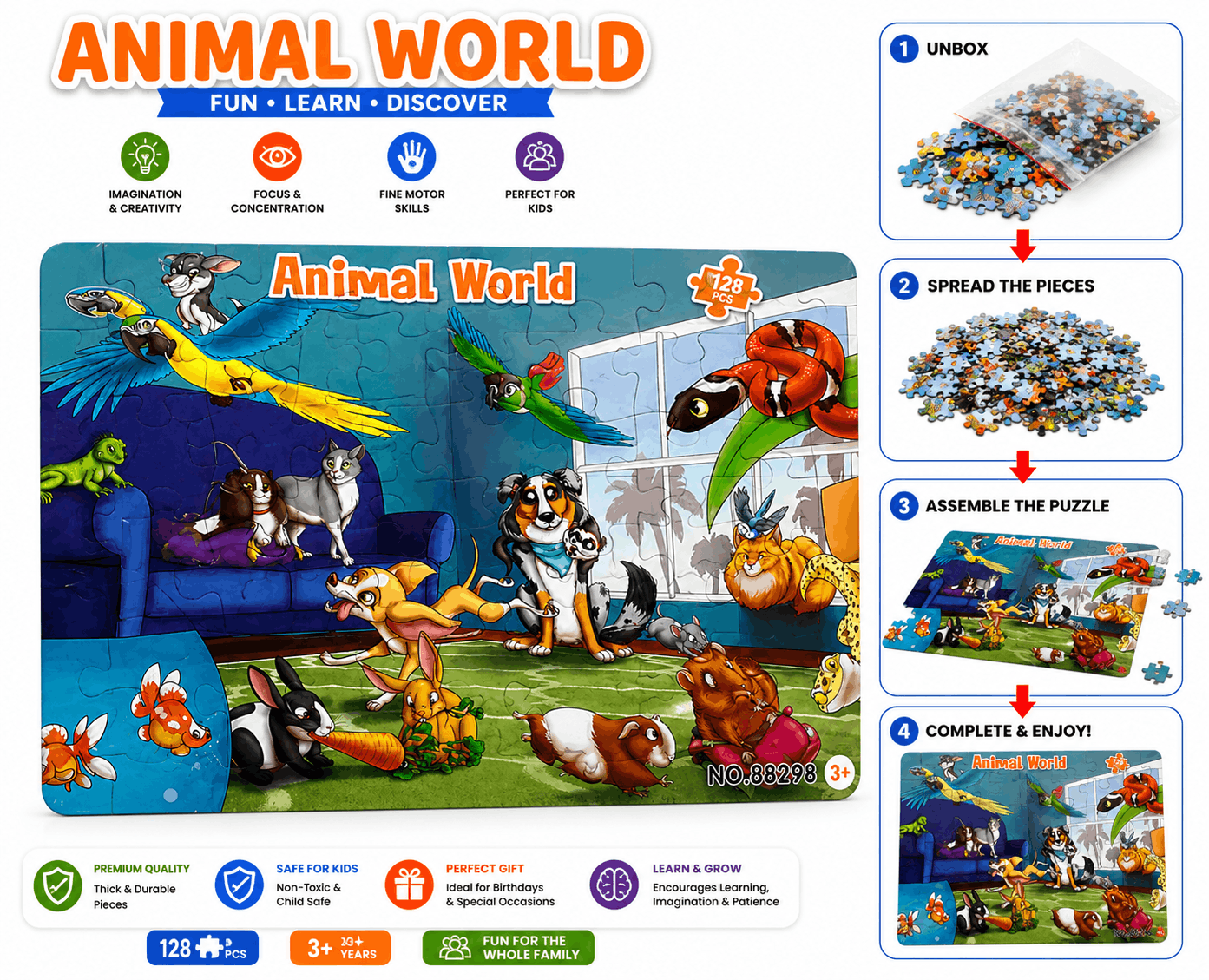 Animal World Puzzle - 128 Pcs Jigsaw Toy Game for Toddlers