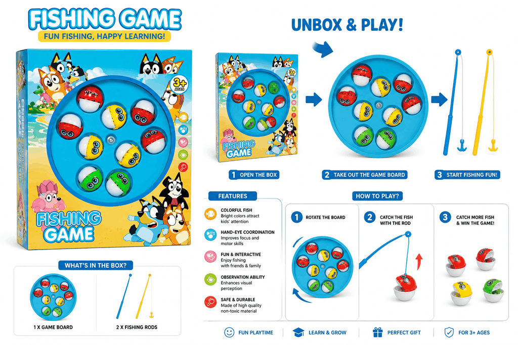 Bluey-Themed Rotating Fishing Game – Interactive Board Game with Colorful Catching Pieces for Kids (3+ Years)