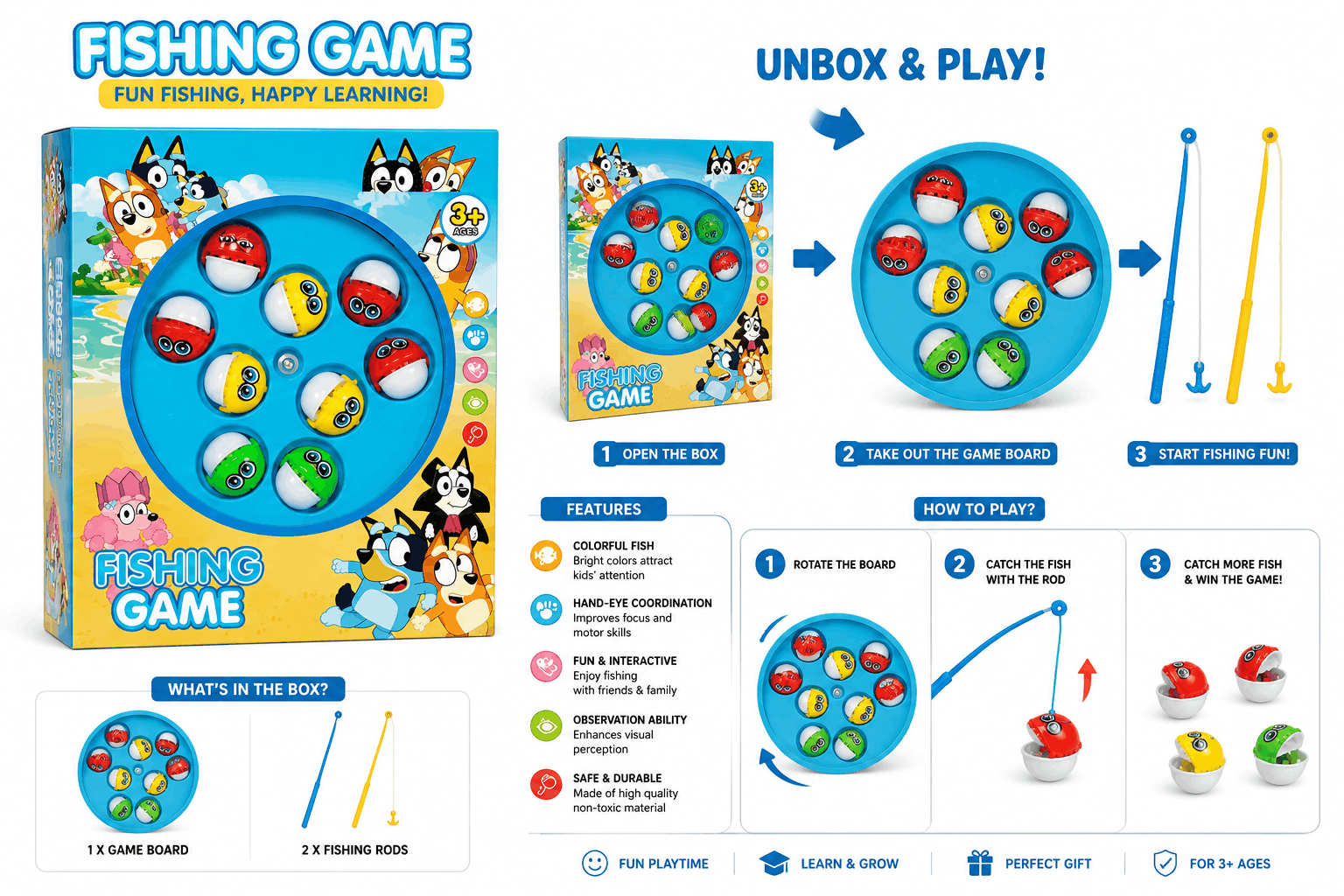 Bluey-Themed Rotating Fishing Game – Interactive Board Game with Colorful Catching Pieces for Kids (3+ Years)