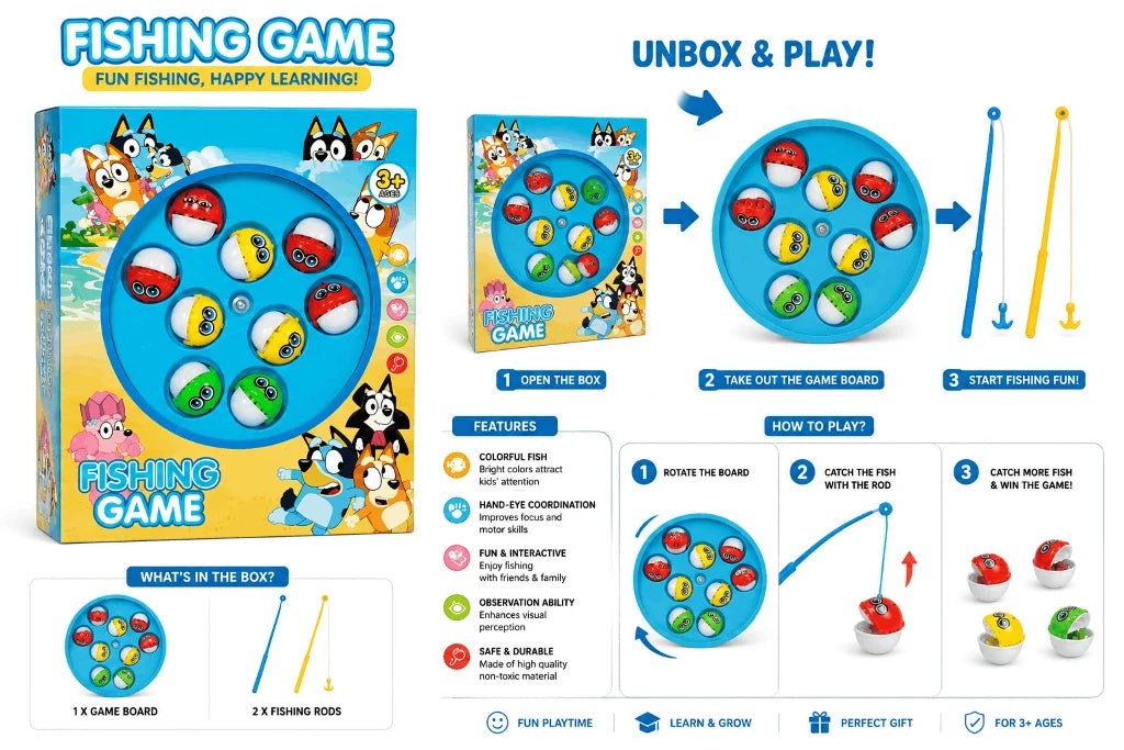 Bluey-Themed Rotating Fishing Game – Interactive Board Game with Colorful Catching Pieces for Kids (3+ Years)