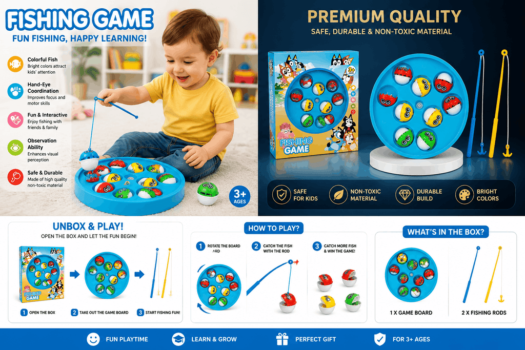 Bluey-Themed Rotating Fishing Game – Interactive Board Game with Colorful Catching Pieces for Kids (3+ Years)