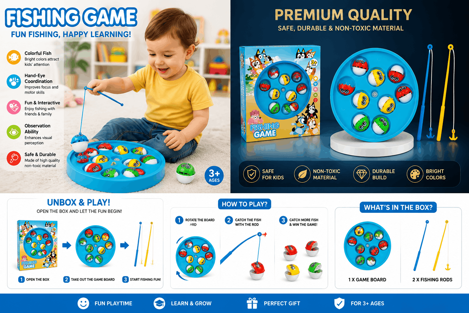 Bluey-Themed Rotating Fishing Game – Interactive Board Game with Colorful Catching Pieces for Kids (3+ Years)