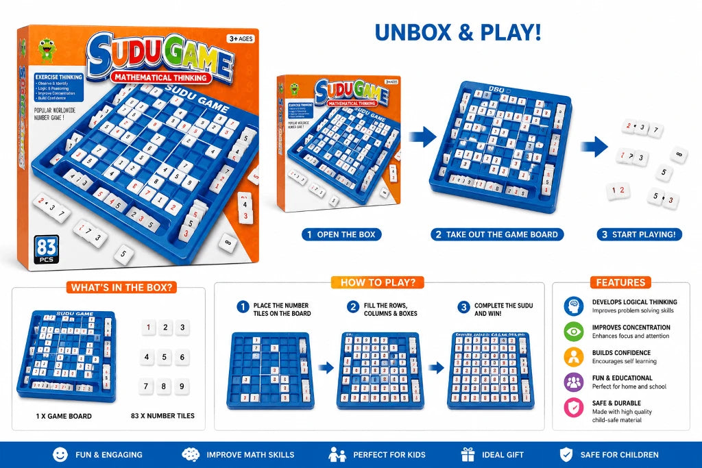 Sudu Game Mathematical Thinking – 83-Piece Educational Number Puzzle and Brain Teaser Board Game for Kids (3+ Years)