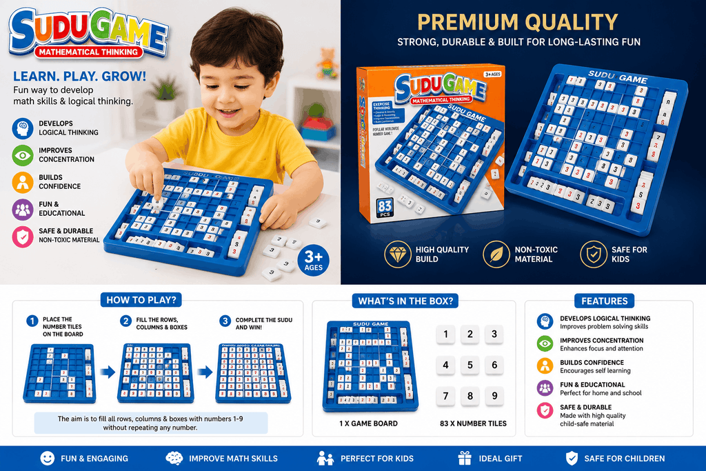 Sudu Game Mathematical Thinking – 83-Piece Educational Number Puzzle and Brain Teaser Board Game for Kids (3+ Years)