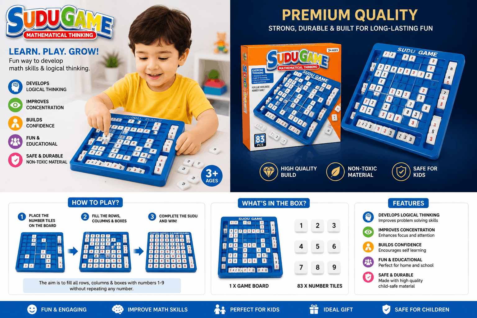 Sudu Game Mathematical Thinking – 83-Piece Educational Number Puzzle and Brain Teaser Board Game for Kids (3+ Years)