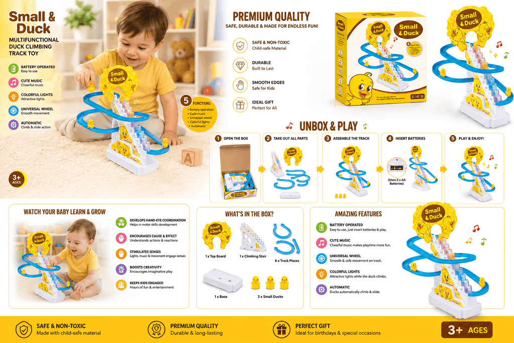 Small & Duck Climbing Duck Track Set - Battery-Operated Musical Slide Toy with Lights