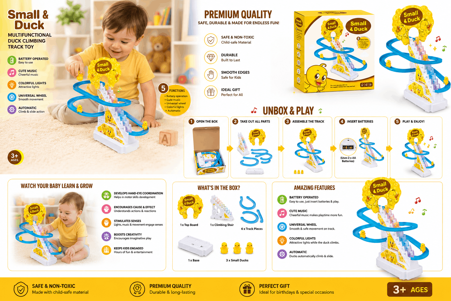 Small & Duck Climbing Duck Track Set - Battery-Operated Musical Slide Toy with Lights