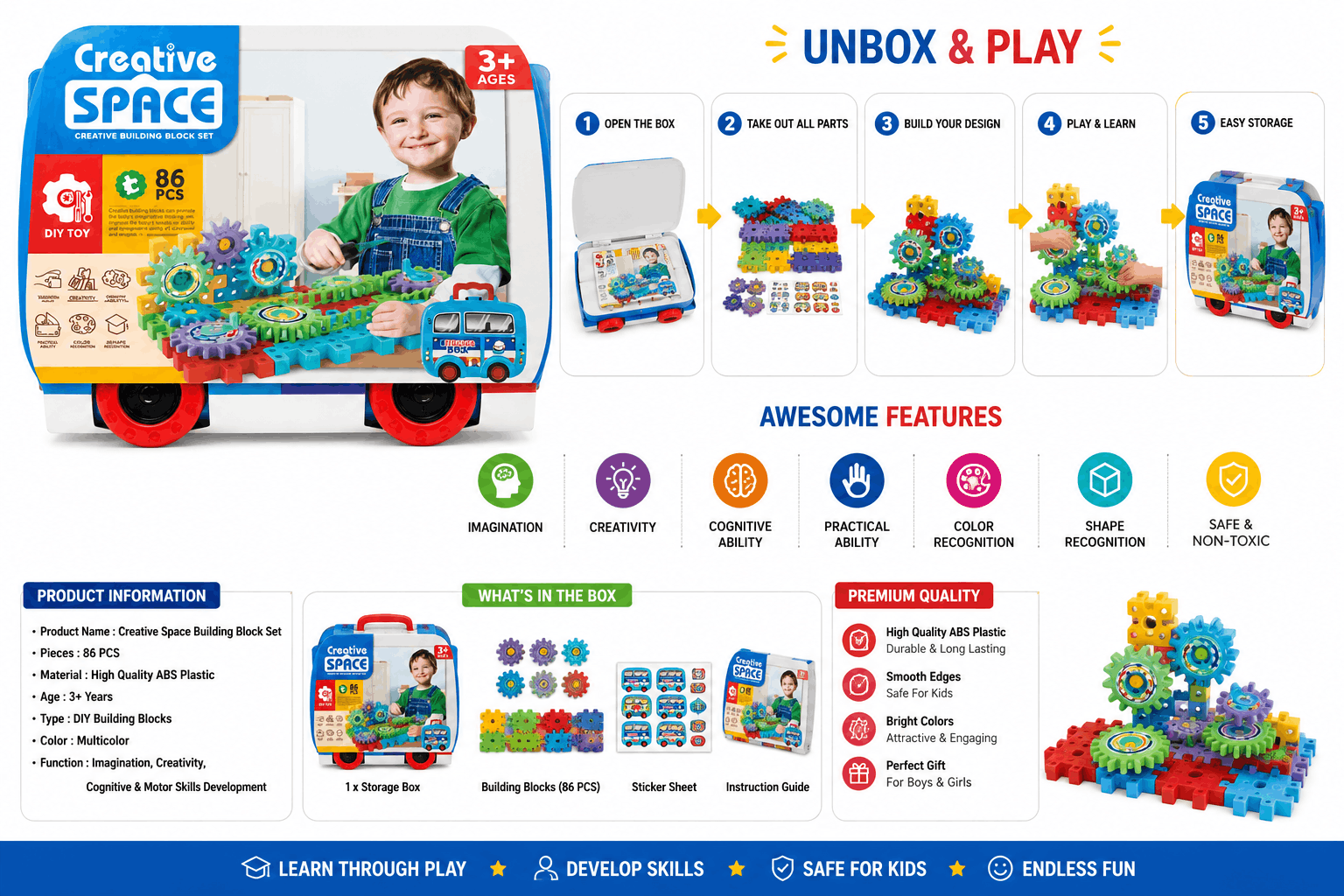 Creative Space Building Blocks - 86 Pcs STEM Construction Toy for Kids