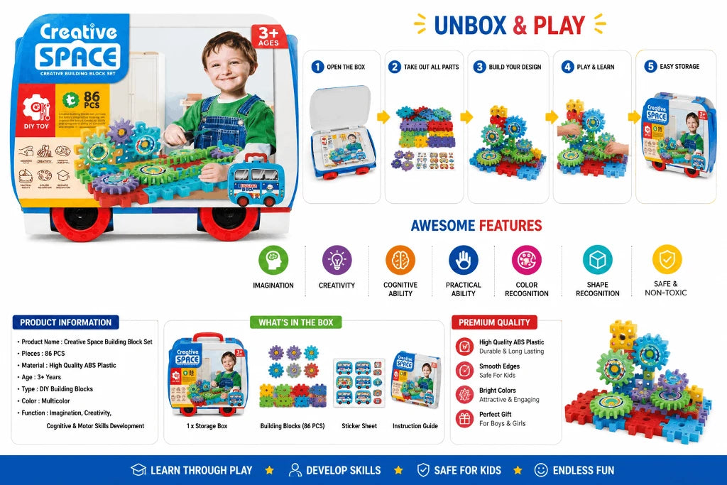 Creative Space Creative Building Block Set – 86-Piece DIY Gear Construction Toy with Storage Box Case (3+ Years)