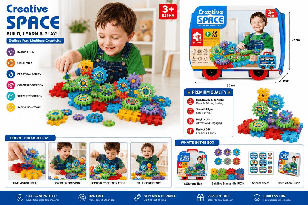 Creative Space Creative Building Block Set – 86-Piece DIY Gear Construction Toy with Storage Box Case (3+ Years)