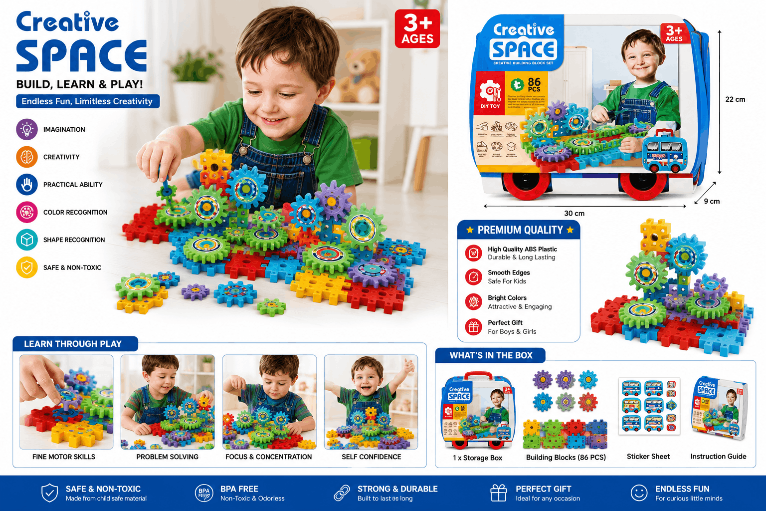 Creative Space Creative Building Block Set – 86-Piece DIY Gear Construction Toy with Storage Box Case (3+ Years)