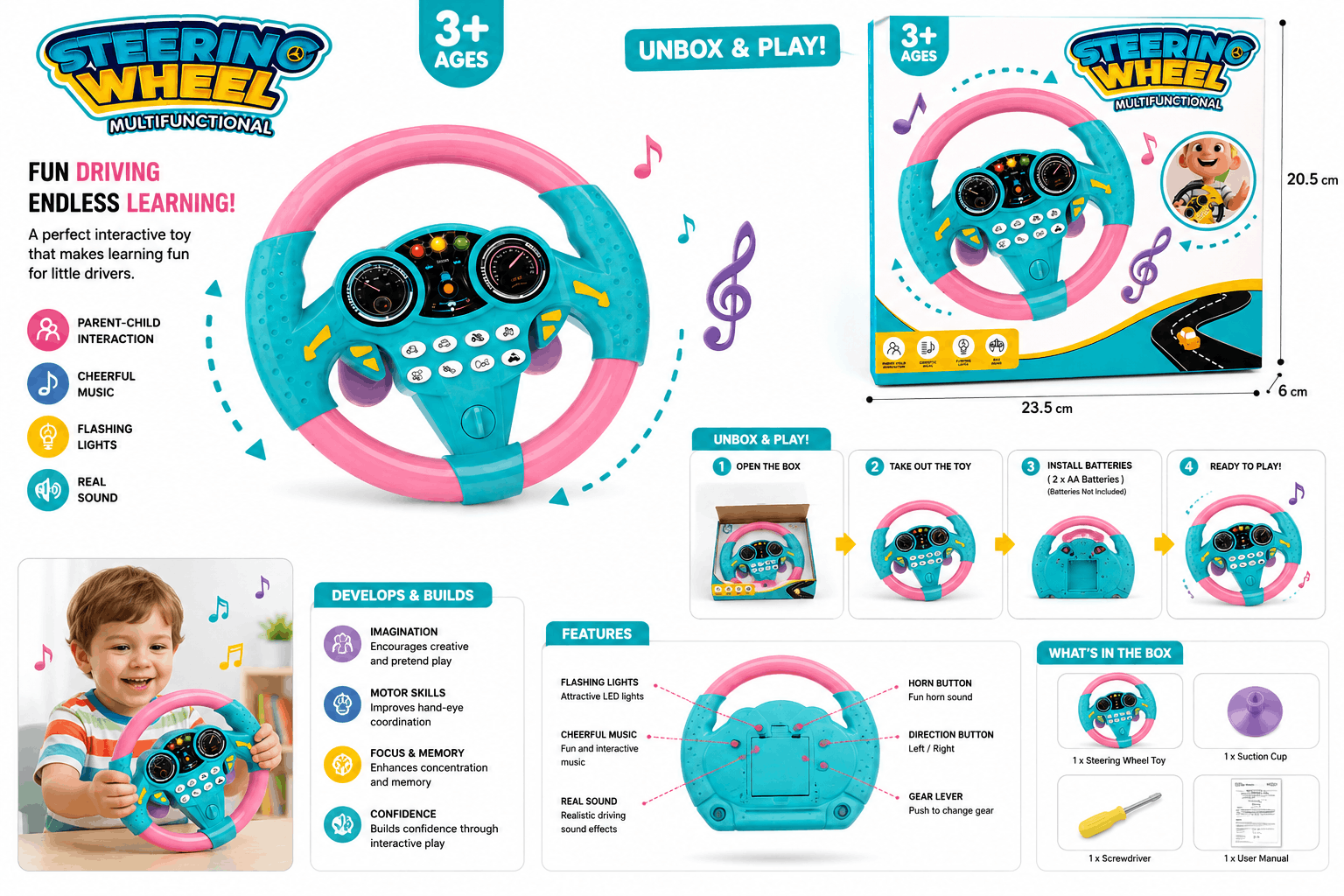 Steering Wheel Multifunctional - Interactive Driving Toy with Lights and Sound