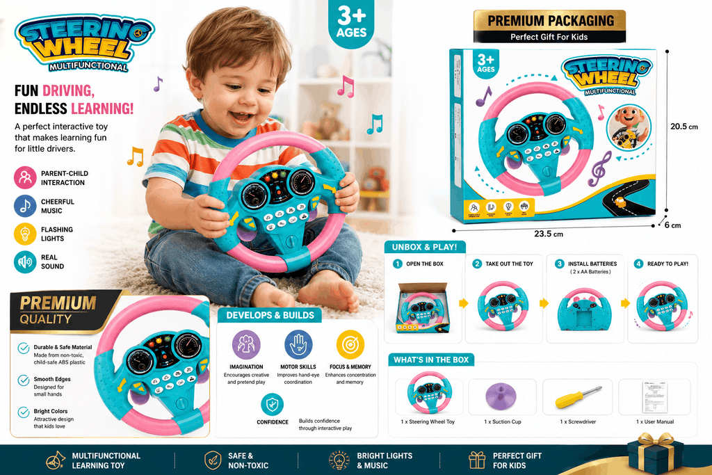 Steering Wheel Multifunctional - Interactive Driving Toy with Lights and Sound