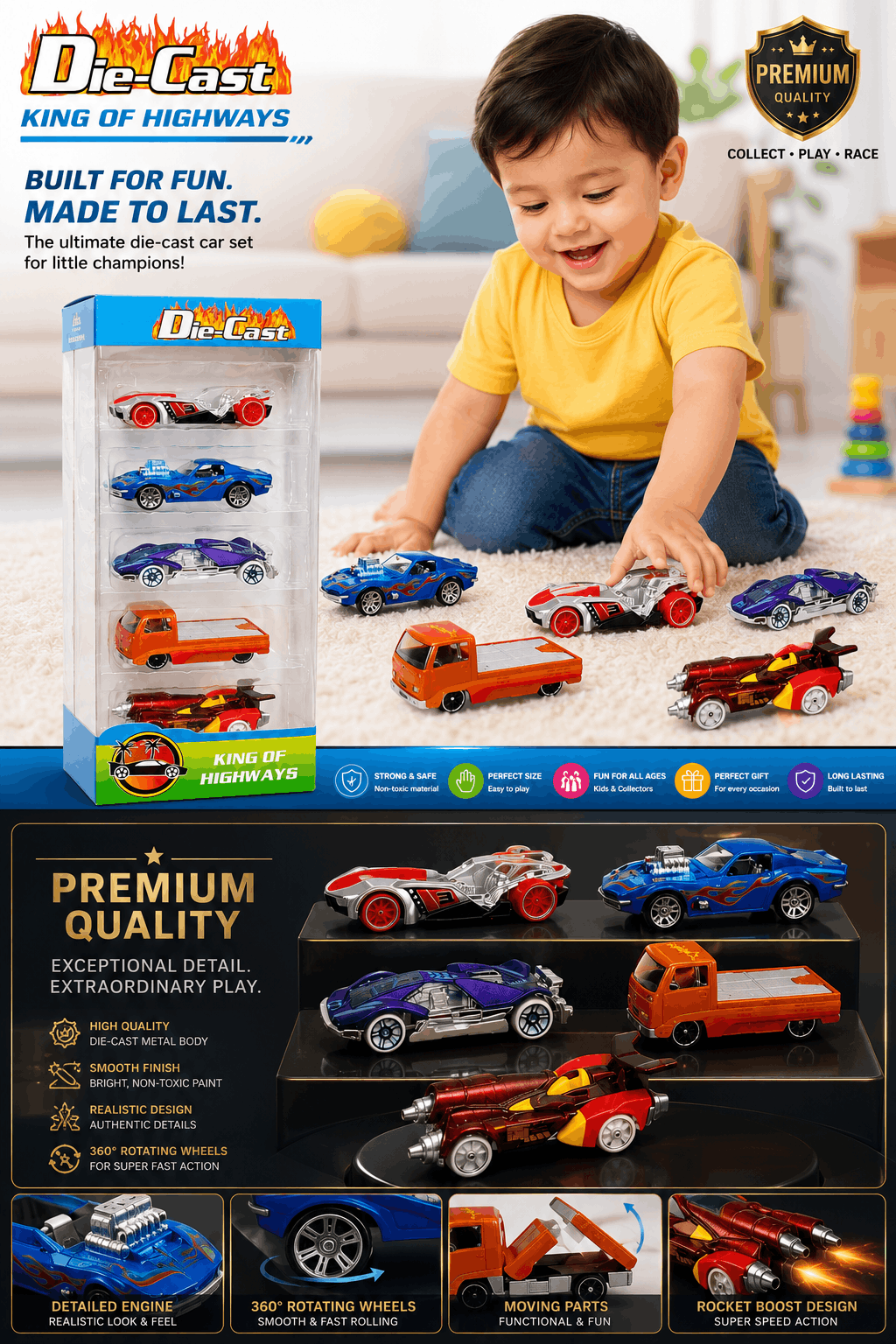 Die-Cast King of Highways – 5-Pack Assorted Metal Toy Cars and Racing Vehicles Gift Set for Kids