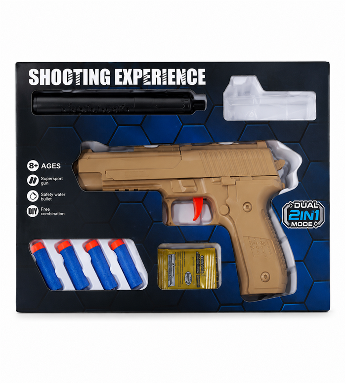 Shooting Experience Dual 2-in-1 Mode Toy Gun - Desert Tan Blaster with Soft Foam Darts and Safety Water Bullets