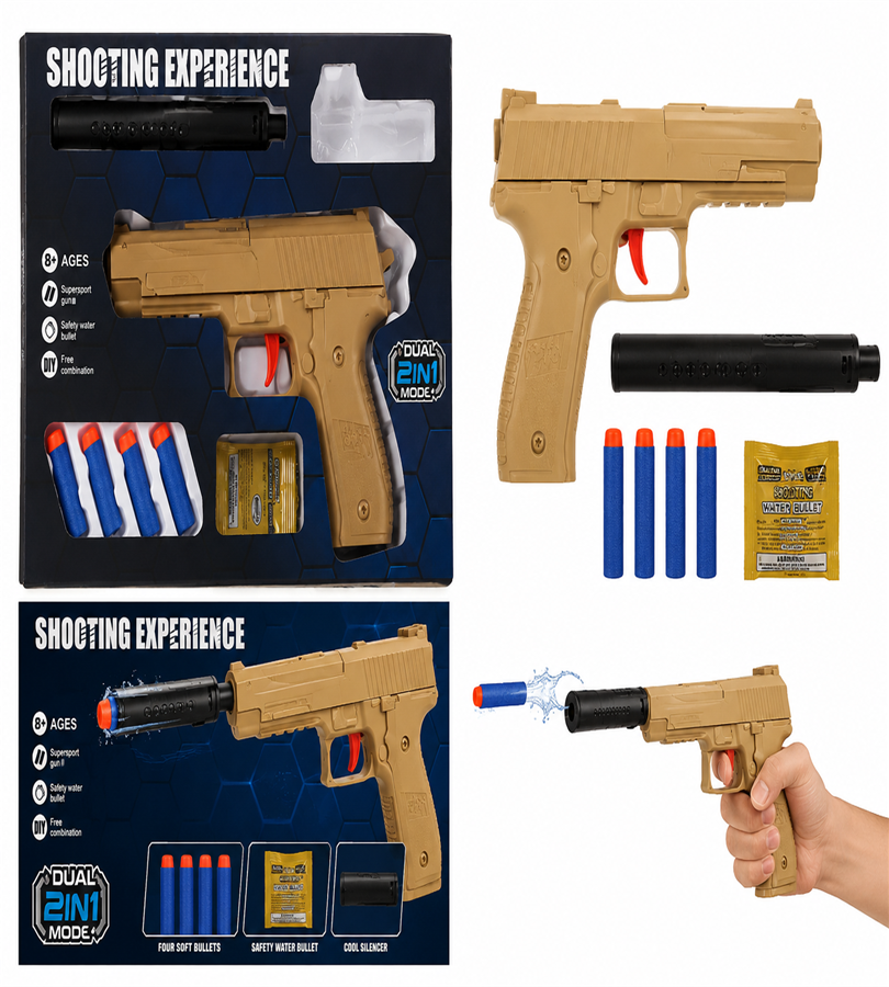Shooting Experience Dual 2-in-1 Mode Toy Gun - Desert Tan Blaster with Soft Foam Darts and Safety Water Bullets