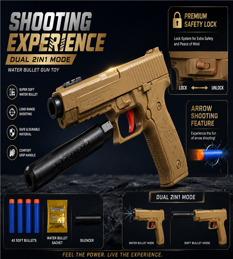 Shooting Experience Dual 2-in-1 Mode Toy Gun - Desert Tan Blaster with Soft Foam Darts and Safety Water Bullets