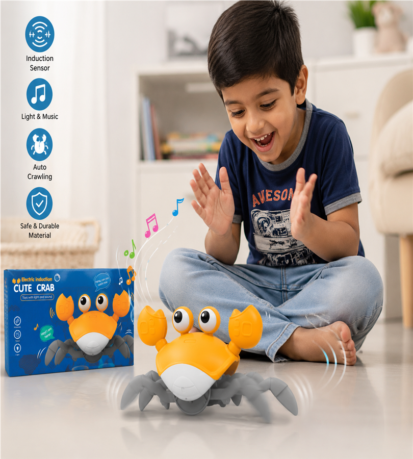 Electric Induction Cute Crab – Crawling Sensory Toy with Obstacle Avoidance, Lights, and Music