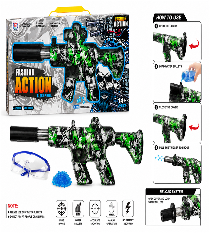 Fashion Action Clock Pistol - 6mm Water Bullet Toy Gun with Long-Range Shooting