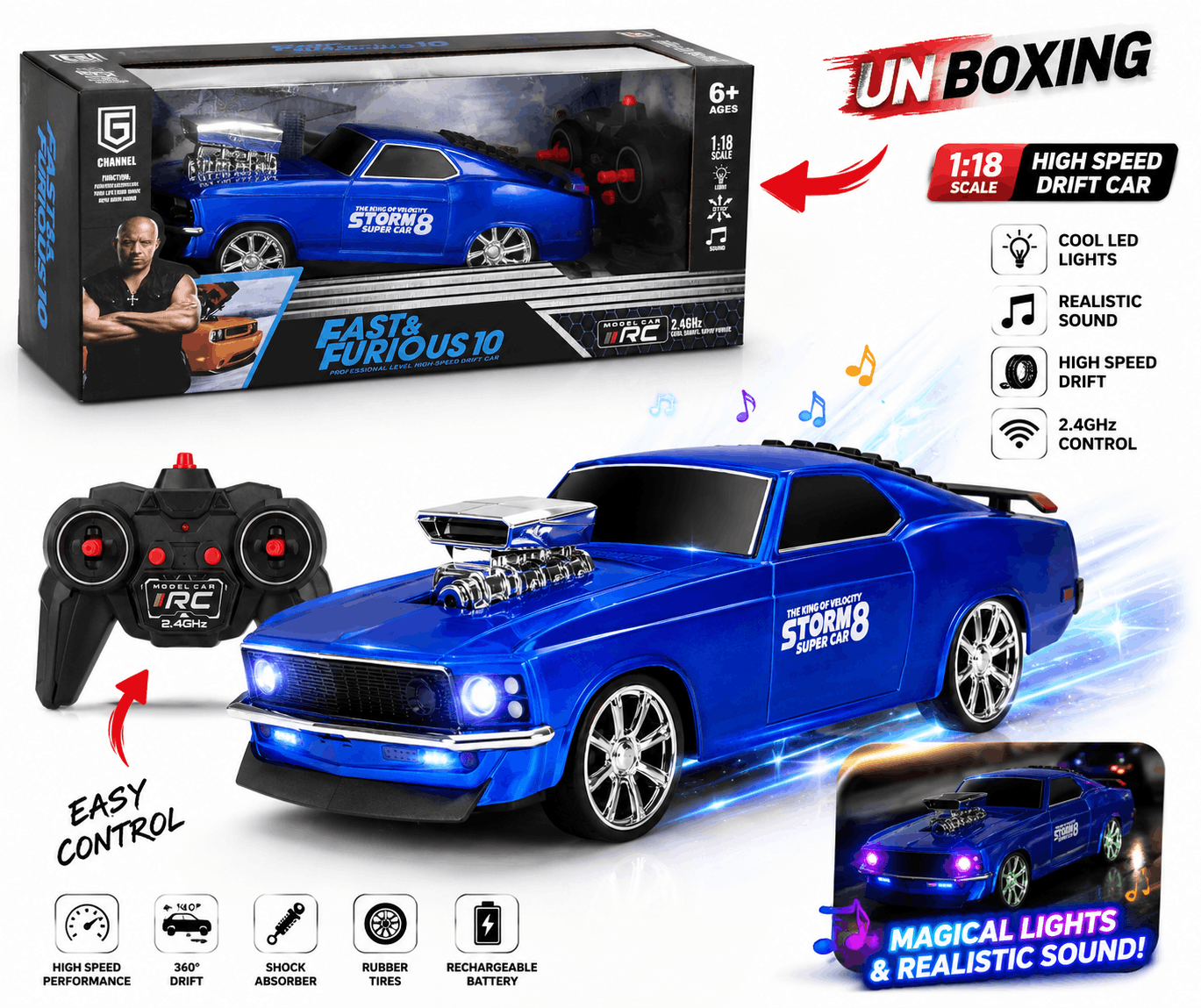 Yong Xing Toys Stunt Off-Road RC Car – 2.4 GHz Drift Lateral Dancing Remote Control Car with Spray and Stunt Wheel Drive (3+ Years)