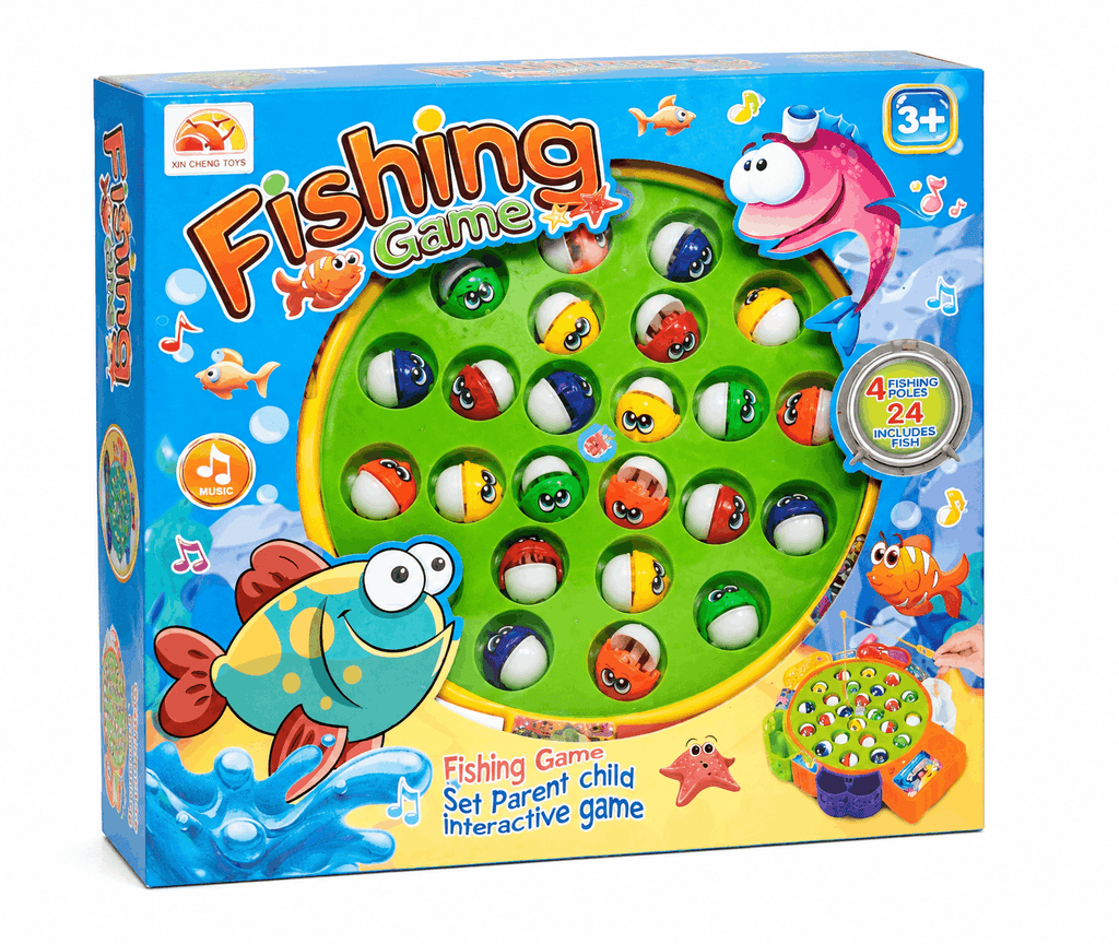 Xin Cheng Toys Fishing Game – Rotating Musical Fishing Board Game with 4 Fishing Poles and 24 Fish for Kids (3+ Years)