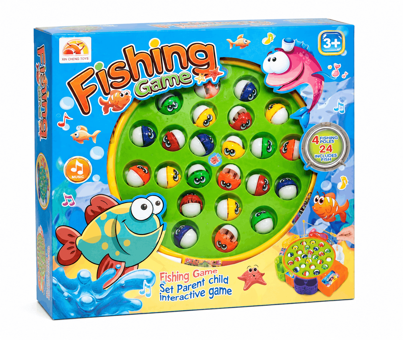 Xin Cheng Toys Fishing Game – Rotating Musical Fishing Board Game with 4 Fishing Poles and 24 Fish for Kids (3+ Years)