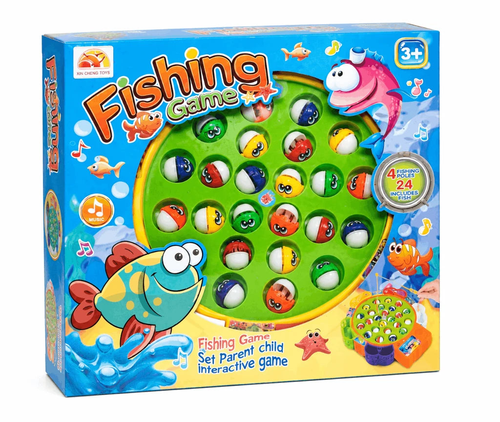 Xin Cheng Toys Fishing Game – Rotating Musical Fishing Board Game with 4 Fishing Poles and 24 Fish for Kids (3+ Years)