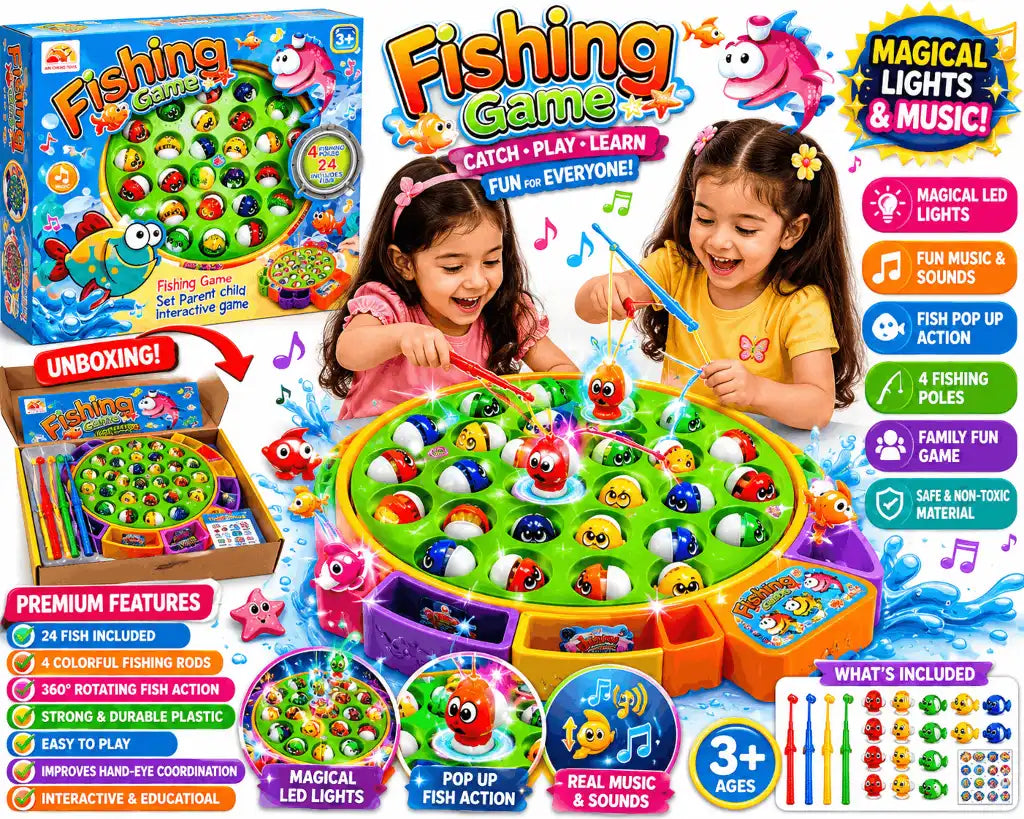 Xin Cheng Toys Fishing Game – Rotating Musical Fishing Board Game with 4 Fishing Poles and 24 Fish for Kids (3+ Years)