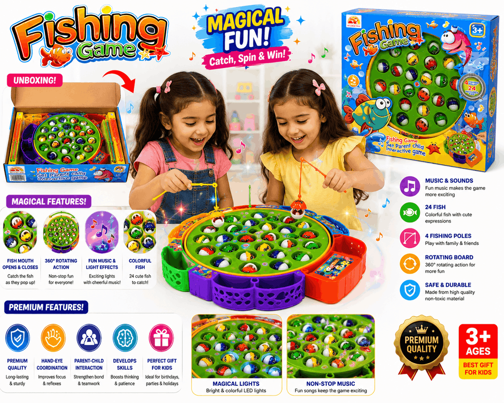 Xin Cheng Toys Fishing Game – Rotating Musical Fishing Board Game with 4 Fishing Poles and 24 Fish for Kids (3+ Years)