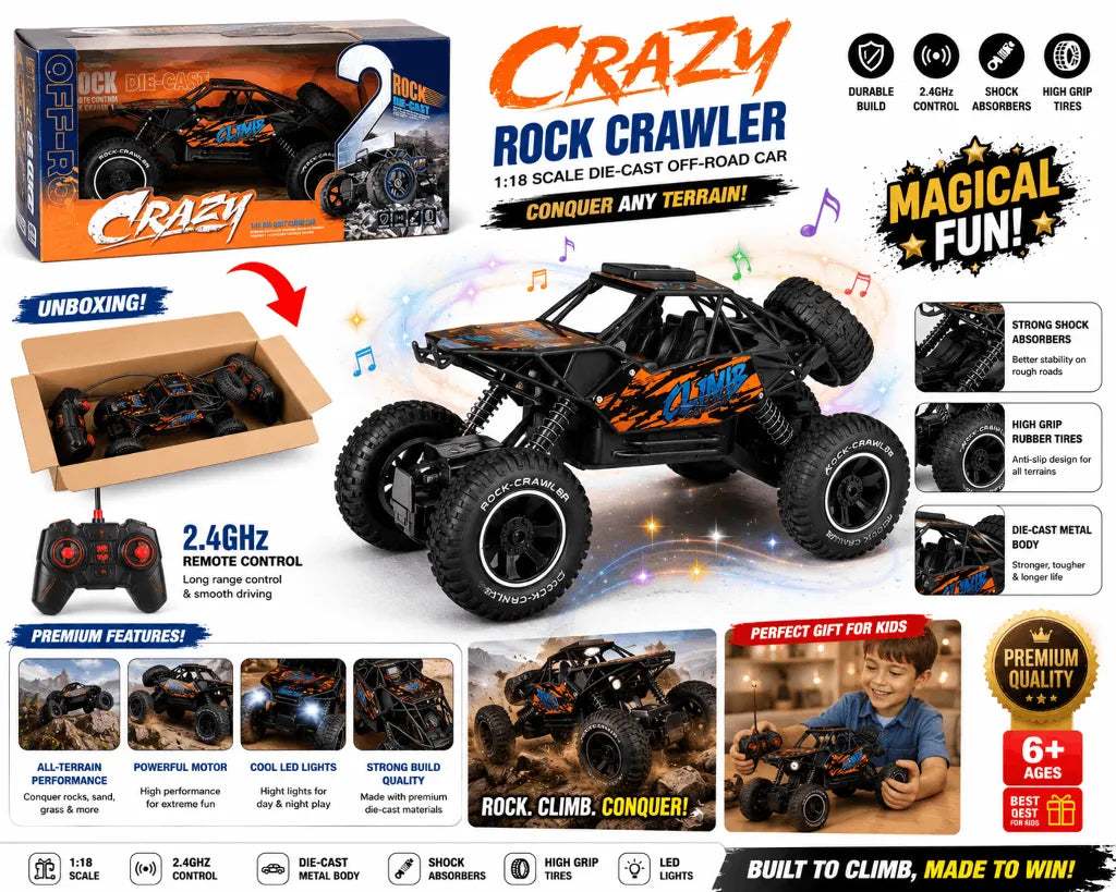 Crazy Rock Crawler – 1:18 Die-Cast Off-Road Remote Control Climb Car with Shockproof Suspension and Big Power