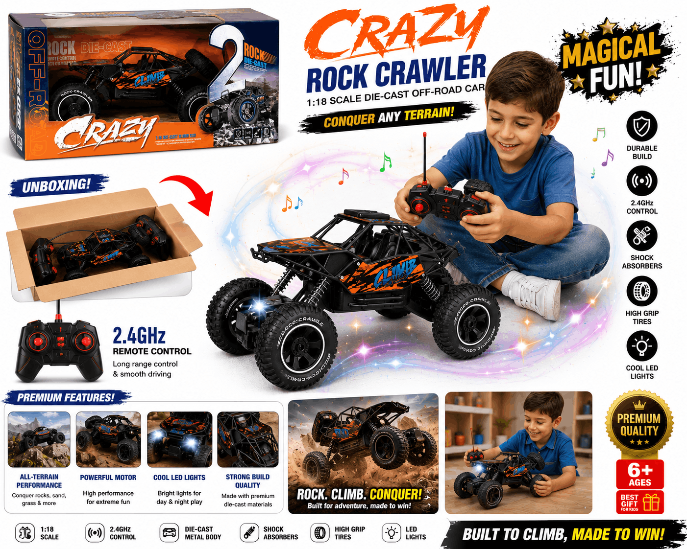 Crazy Rock Crawler – 1:18 Die-Cast Off-Road Remote Control Climb Car with Shockproof Suspension and Big Power