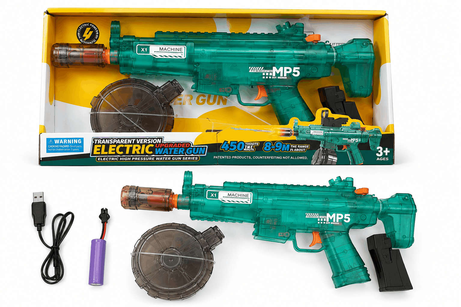 MP5 Transparent Electric Water Gun – Upgraded High-Pressure Automatic Water Blaster Toy with Drum Magazine and USB Rechargeable Battery (3+ Years)