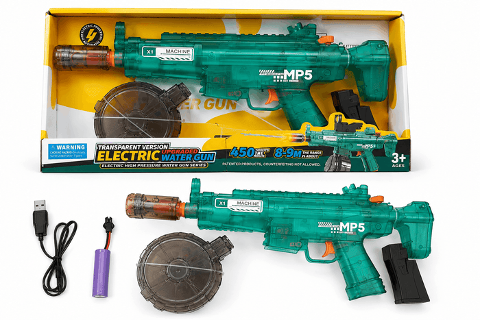 MP5 Transparent Electric Water Gun – Upgraded High-Pressure Automatic Water Blaster Toy with Drum Magazine and USB Rechargeable Battery (3+ Years)