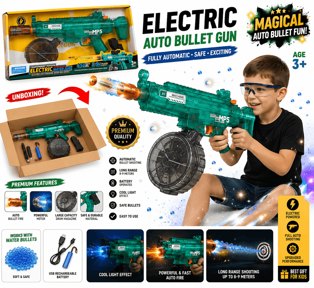 MP5 Transparent Electric Water Gun – Upgraded High-Pressure Automatic Water Blaster Toy with Drum Magazine and USB Rechargeable Battery (3+ Years)
