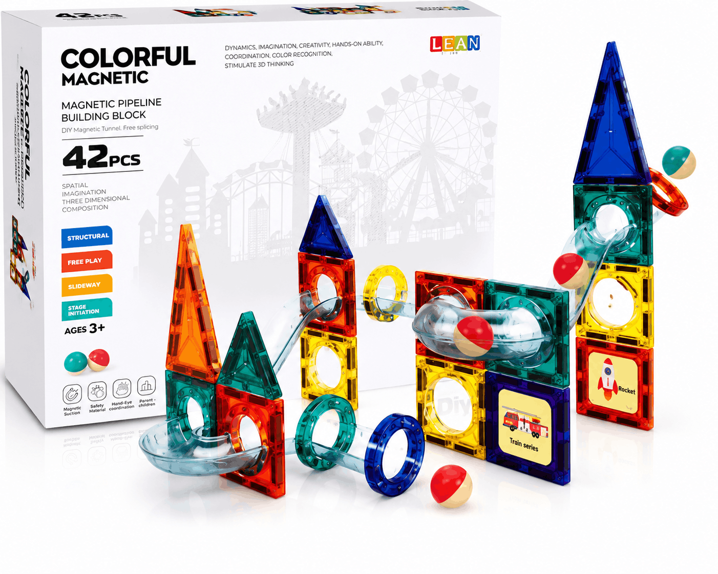 Colorful Magnetic Pipeline Building Block Set – 42-Piece DIY Magnetic Tunnel and Marble Run STEM Toy for Kids (3+ Years)