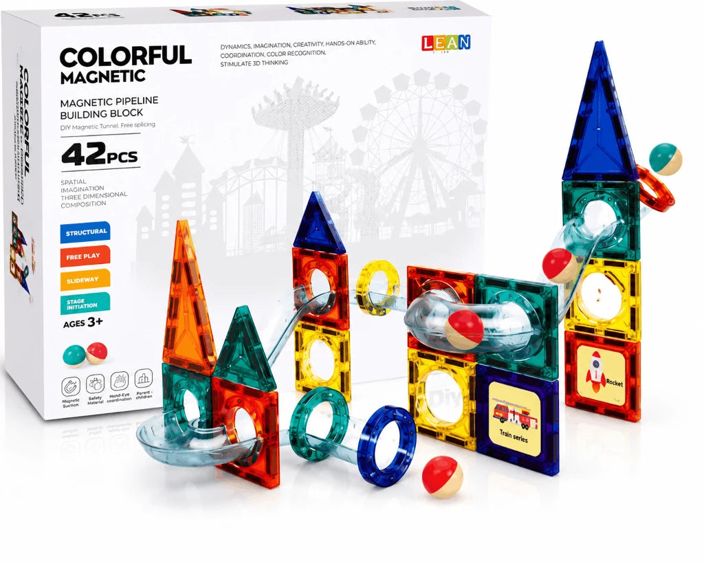 Colorful Magnetic Pipeline Building Block Set – 42-Piece DIY Magnetic Tunnel and Marble Run STEM Toy for Kids (3+ Years)