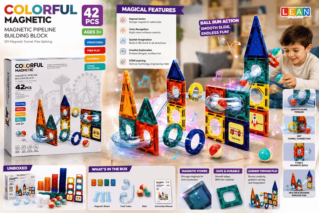 Colorful Magnetic Pipeline Building Block Set – 42-Piece DIY Magnetic Tunnel and Marble Run STEM Toy for Kids (3+ Years)