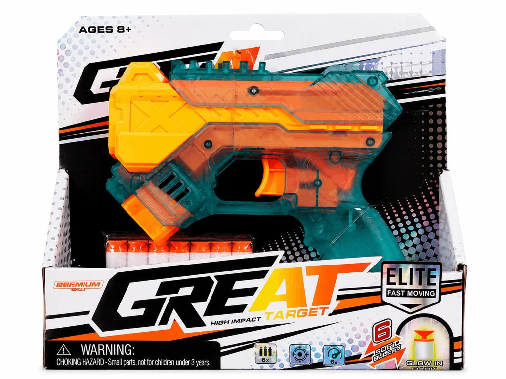 Great High Impact Target Elite Fast Moving Soft Bullet Toy Gun with Glow-in-the-Dark Darts