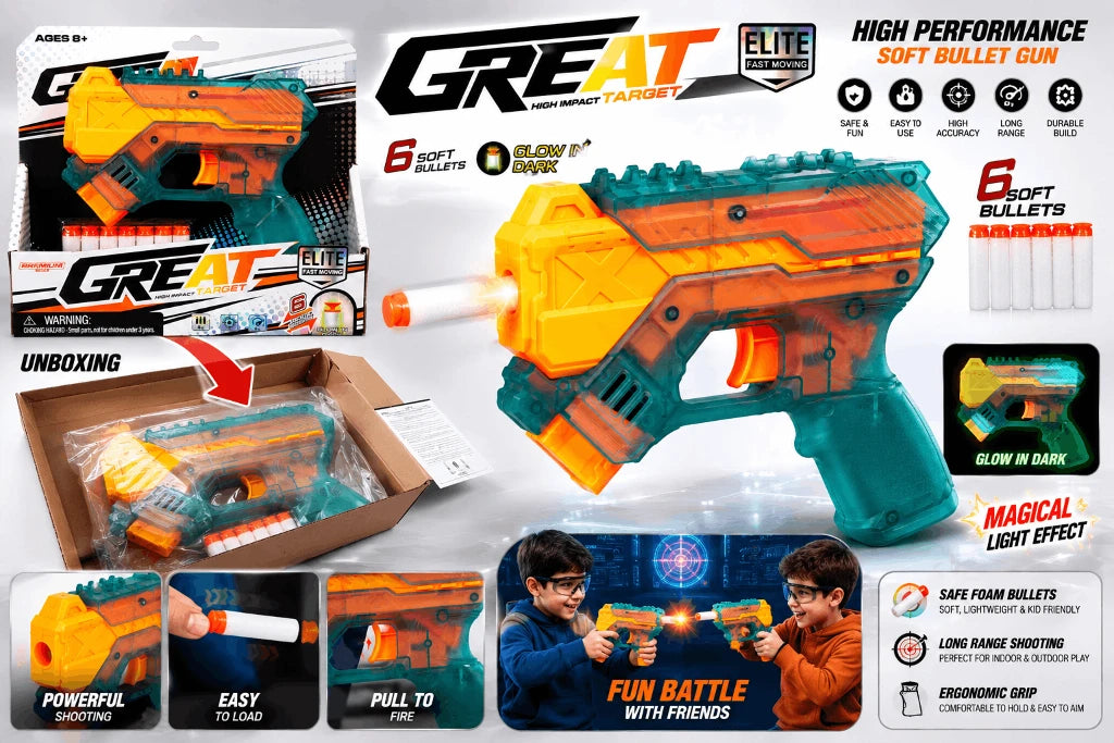 Great High Impact Target Elite Fast Moving Soft Bullet Toy Gun with Glow-in-the-Dark Darts