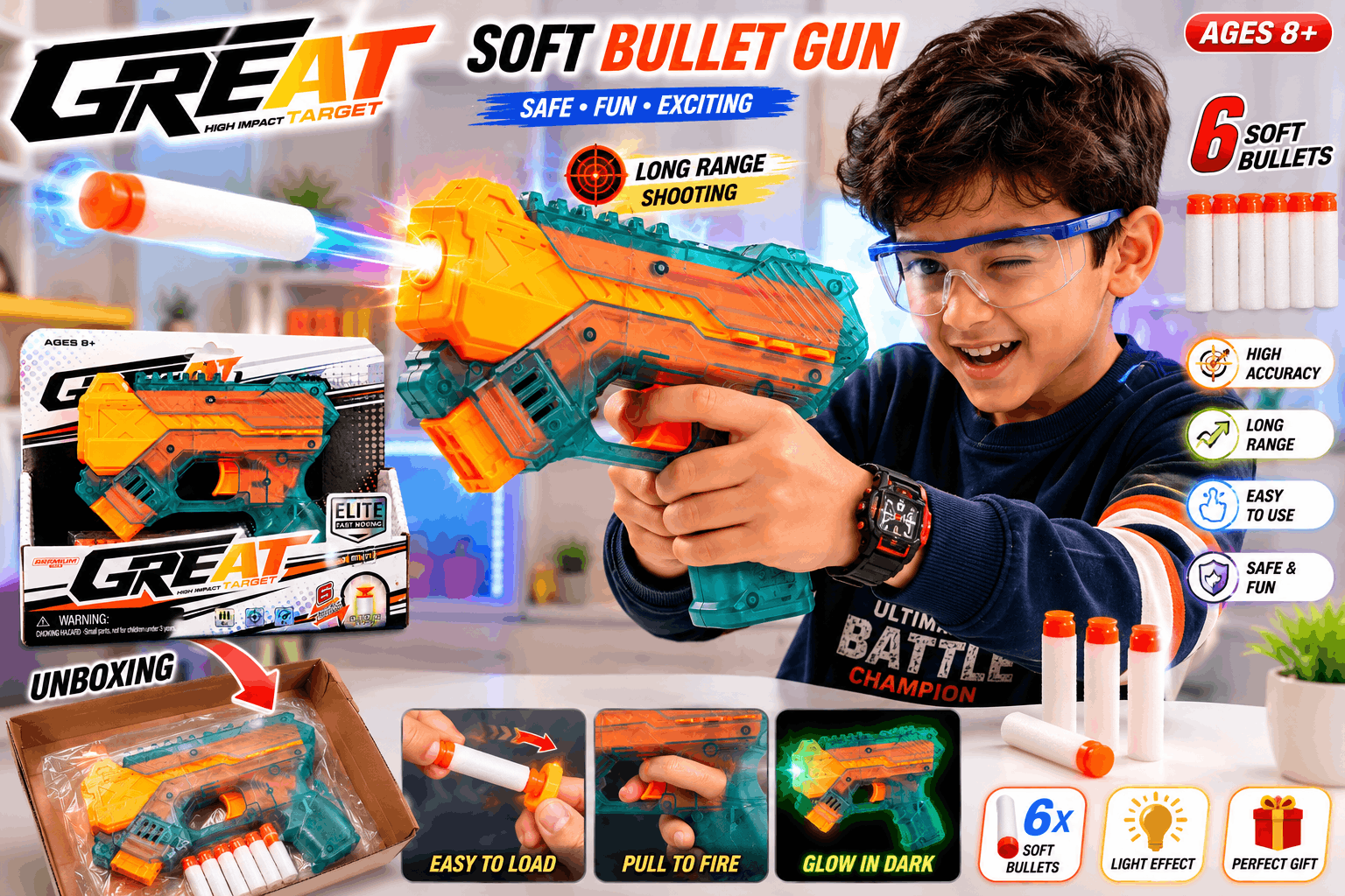 Great High Impact Target Elite Fast Moving Soft Bullet Toy Gun with Glow-in-the-Dark Darts