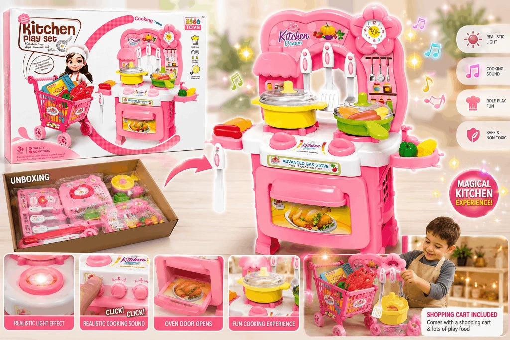 Kids Kitchen Play Set with Shopping Cart, Cooking Accessories, Light & Sound, Pretend Play Toy – Pink