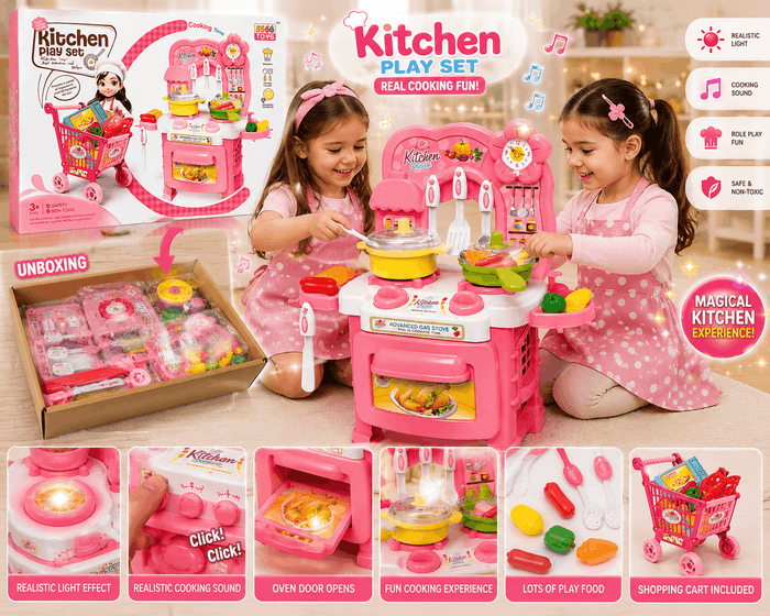 Kids Kitchen Play Set with Shopping Cart, Cooking Accessories, Light & Sound, Pretend Play Toy – Pink