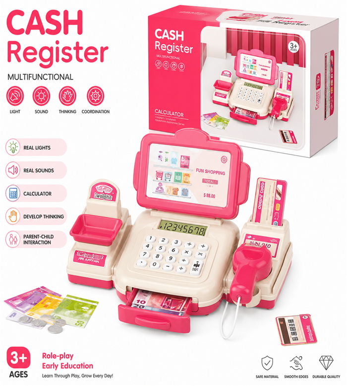 CASH Register Multifunctional – Kids Electronic Checkout Toy with Working Calculator, Scanner, Real Lights and Sounds (3+ Years)