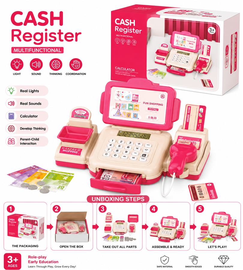 CASH Register Multifunctional – Kids Electronic Checkout Toy with Working Calculator, Scanner, Real Lights and Sounds (3+ Years)