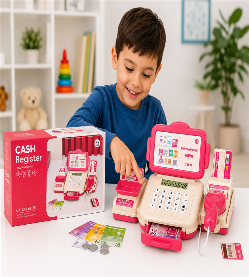 CASH Register Multifunctional – Kids Electronic Checkout Toy with Working Calculator, Scanner, Real Lights and Sounds (3+ Years)