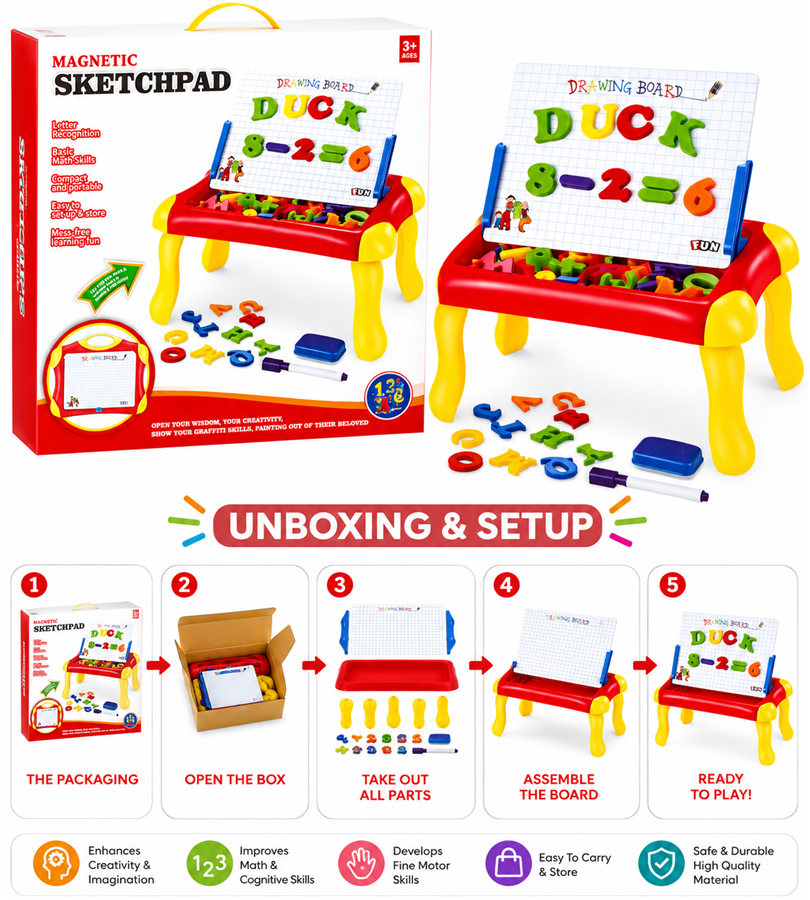 Magnetic Sketchpad Learning Table - Educational Drawing Board with Magnetic Letters and Numbers